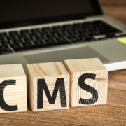 Image of blocks that read CMS in front of a laptop